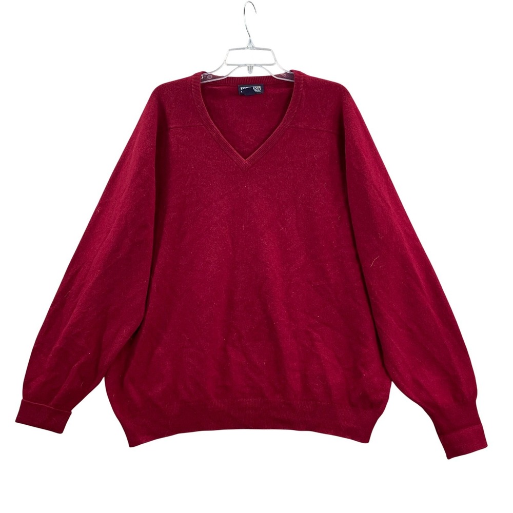 Lands‎ End V-Neck Sweater Mens XL Red Lambswool Scotland Knit Pullover Solid